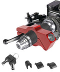Beefy Heavy Duty Motorcycle Lock With Adjustable Handlebar Lock, CNC aluminum, red, attached to handlebar with keys and accessories shown