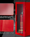 Red Steel Fire Extinguisher Cabinet Wall And Surface Mount Kit With Projecting Sign And Arrow For 10 Lb Dry Chemical Extinguishers Industrial Grade Wall Box Case For Home Shop Or Office Safety, shown with acrylic window and handle.