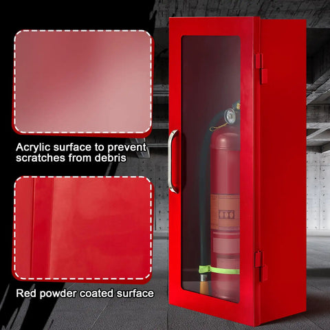 Red Steel Fire Extinguisher Cabinet Wall And Surface Mount Kit With Projecting Sign And Arrow For 10 Lb Dry Chemical Extinguishers Industrial Grade Wall Box Case For Home Shop Or Office Safety, shown with acrylic window and handle.