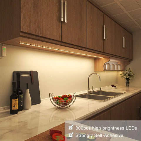 Under Cabinet LED Lighting Kit With Sixteen Point Four Foot Dimmable Tape Light 1050 Lumen Super Bright Warm White installed in kitchen