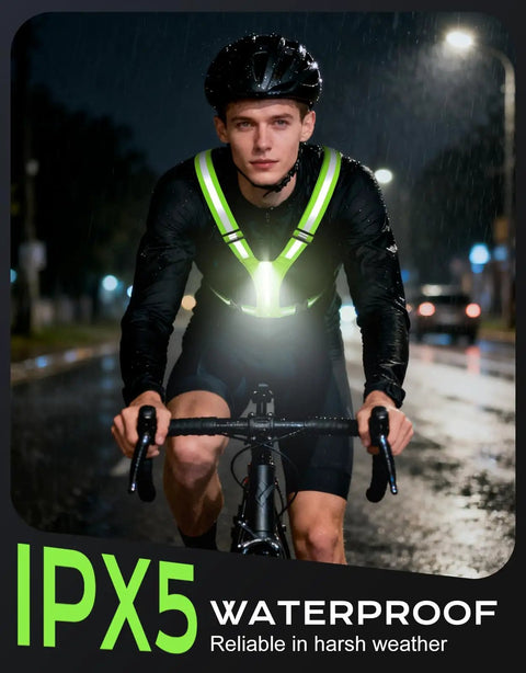 Cyclist at night wearing LED Reflective Vest With 360 Degree Visibility, 40 Front And Back LEDs, Waterproof, Adjustable Running Gear