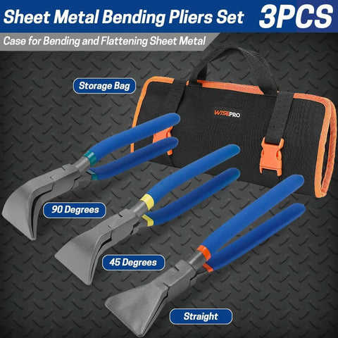 Must-Have 3-Piece Hand Seamers Set For Sheet Metal Bending Pliers With Straight, 45 Degree, And 90 Degree Jaws Includes Tool Storage Bag