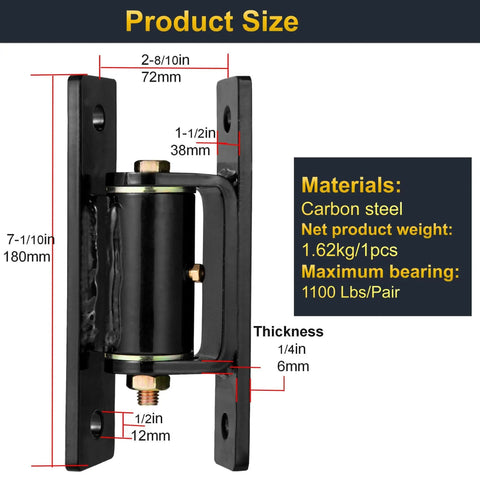 Heavy Duty Gate Hinges Pair Seven Inch Thick Solid Steel Rated For 1100 Lbs Mean Machine Hardware side view with dimensions.