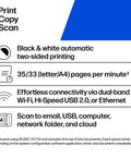 Features chart of LaserJet Pro All In One Wireless Printer With Duplex Printing For Small Teams, Fast Black And White Output Up To 35 Pages Per Minute, Office Printer Productivity Powerhouse Model 3101sdw showing print, copy, scan capabilities and connectivity options.