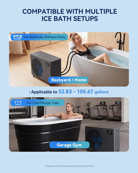 Heavy Hitter Ice Bath Water Chiller And Heater With Smart Touchscreen For Gym Recovery One Horsepower Cold Plunge Cooler in backyard setup.