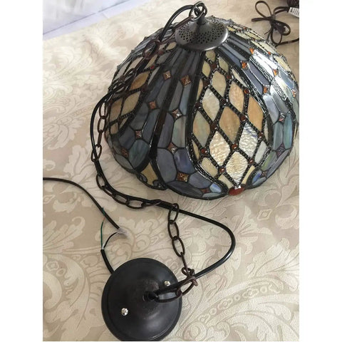 Tiffany Style Stained Glass Ceiling Pendant Light With Baroque Vibe, Handmade Glass Shade with Chain
