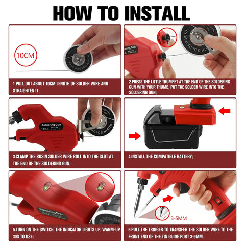 Instruction guide for using Cordless Soldering Iron Kit Compatible With Milwaukee 18V Batteries, showing steps with images.
