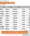 Vehicle fitment chart for Subaru models including Ascent, Tribeca, Forester, Impreza, Legacy, and Outback, years 2006-2021.