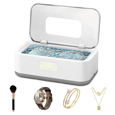 Deep Clean 49KHz Jewelry Cleaner Machine with 800ml tank showing lid open and accessories like watch, necklace, and ring.