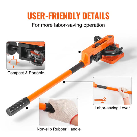 VEVOR Manual Pipe Tube Bender For 3/8 To 1 Inch Od Copper And Aluminum Lines With Seven Bending Dies view showing labor-saving lever and rubber handle.