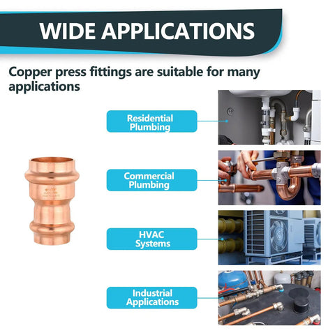Bulk Box Of One Hundred Professional Grade Copper Press Couplings With Built In Stops, One Inch By Three Quarter Inch Plumbing Fittings image highlighting application areas.