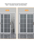 6 Foot Aluminum Bypass Sliding Door Hardware Kit For Two Doors With Finger Pulls Quiet Smooth Rollers Track Set In Silver Finish Fits Doors 1 3 8 To 1 3 4 Inches Thick Supports Up To 150 Lbs Ideal For Closets And Room Dividers shown installed, open and closed positions in a modern room setting.