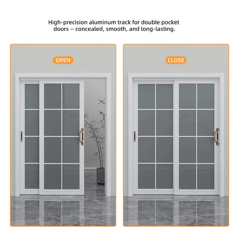 6 Foot Aluminum Bypass Sliding Door Hardware Kit For Two Doors With Finger Pulls Quiet Smooth Rollers Track Set In Silver Finish Fits Doors 1 3 8 To 1 3 4 Inches Thick Supports Up To 150 Lbs Ideal For Closets And Room Dividers shown installed, open and closed positions in a modern room setting.