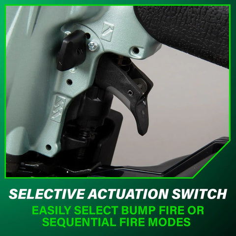 Close-up of Pro Siding And Light Framing Coil Nailer NV75A5 showing selective actuation switch for firing modes.