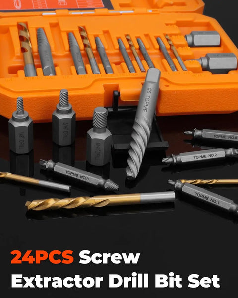 Must Have 24 Piece Screw Extractor And Left Hand Drill Bit Set With HSS Titanium Coated Bits And Spiral Flute And MultiSpline Extractors