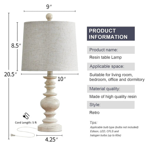 Super Cool Rustic Table Lamp Set Of Two With Vintage Farmhouse Vibes Perfect For Your Living Room Bedroom Or Nightstand In Small Spaces Features Antique White Resin Base And Linen Shade For Cozy Compact Decor shown with dimensions and product information.