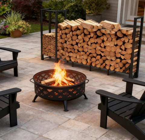 Beefy 8Ft Firewood Rack With Heavy Duty Metal Frame And Built In Kindling Storage For Indoor And Outdoor Use on patio