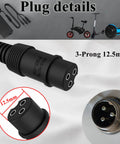 Close-up of 3-prong 12.5mm plug, part of 3 In 1 29.4V 2A Electric Scooter Charger Replacement For 25.2V Lithium Scooters And E Bikes.