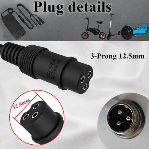 Close-up of 3-prong 12.5mm plug, part of 3 In 1 29.4V 2A Electric Scooter Charger Replacement For 25.2V Lithium Scooters And E Bikes.