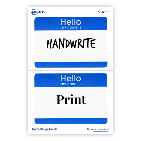Customizable Hello My Name Is Name Tags White With Blue Border Removable Adhesive For Laser And Inkjet Printing 100 Pack Perfect For Conferences Networking Reunions And Events showing handwritten and printed options