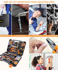 Heavy Duty Ninety Five Piece Tool Kit With Cordless Power Drill And Slick Portable Case For DIY Home Repair Auto Service No Sweat Handyman Projects And Weekend Fix Ups, showcasing various tasks like furniture installation and bike repair.