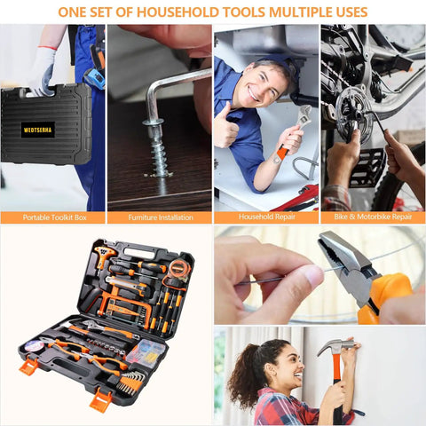 Heavy Duty Ninety Five Piece Tool Kit With Cordless Power Drill And Slick Portable Case For DIY Home Repair Auto Service No Sweat Handyman Projects And Weekend Fix Ups, showcasing various tasks like furniture installation and bike repair.