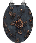 Elongated Resin Toilet Seat for Bathroom featuring a rose design, intricate detailing, and glossy finish.