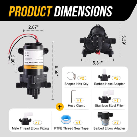 Dimensions and components of 12V RV Water Pump Diaphragm 4 GPM At 45 PSI Quiet Fresh Water Pump With Pressure Switch Self Priming