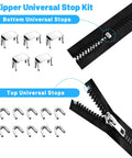 39 Piece Zipper Replacement Kit With Sliders And Pulls Retainer Boxes And Insertion Pins Multi Color Teeth Repair Set For Coats And Bags Including Zipper Head For Easy Fixes, showing top and bottom universal stops with zippers