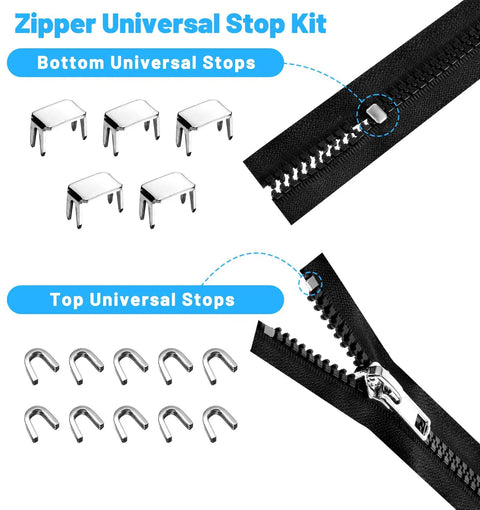 39 Piece Zipper Replacement Kit With Sliders And Pulls Retainer Boxes And Insertion Pins Multi Color Teeth Repair Set For Coats And Bags Including Zipper Head For Easy Fixes, showing top and bottom universal stops with zippers