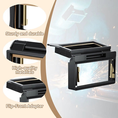 2 Pack Flip Front Adapters for Welding Helmets with sturdy black clip-on design and durable plastic material, shown in use.
