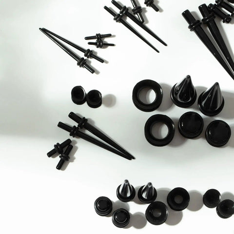 Starter Pack For Ear Stretching 50 Piece Kit With 14G To 00G Acrylic Tapers And Plugs Silicone Tunnels Gauge Expanders Displayed