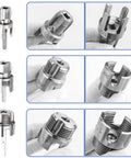 Heavy Duty High Carbon Steel Pipe Threading Tool Electric Drill Attachment showing various sizes for internal external threads.