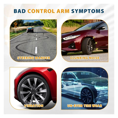 Diagram showing symptoms of bad control arms: steering wander, clunking noise, vibration, uneven tire wear related to Ford Explorer.