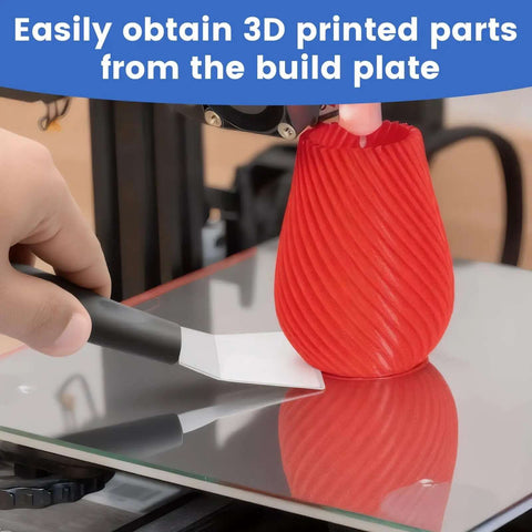 Using Beefy Dual Edge 3D Printer Scraper Kit With Curved And Straight Blades to remove red vase from build plate.