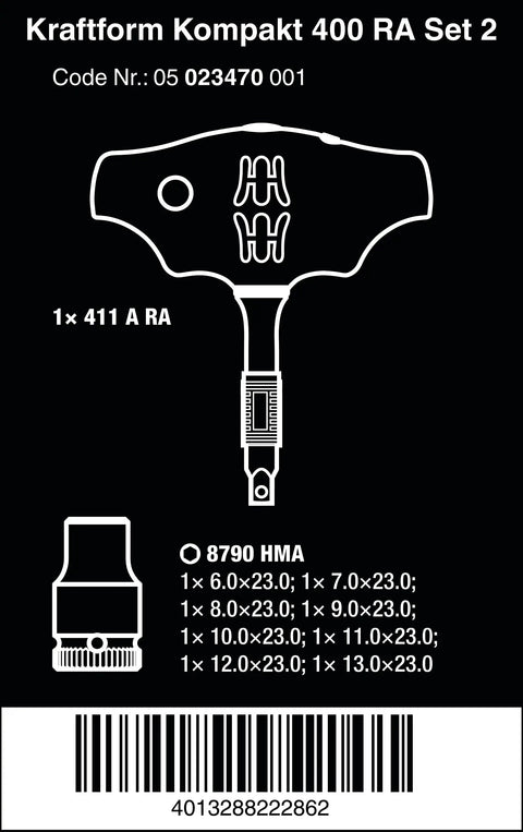 Diagram of Kraftform Kompakt 400 RA 9 Piece T Handle Ratchet Screwdriver Set 2, showing tool dimensions and barcode.