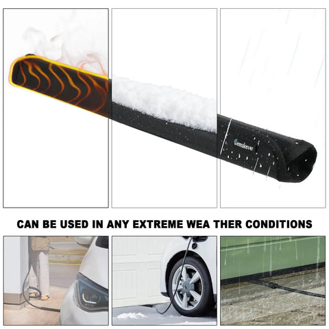 Tough EV Charger Cable Guard Sleeve With Quick Hook And Loop Wrap in snow, shields cords from damage. Fits up to 20mm cables.
