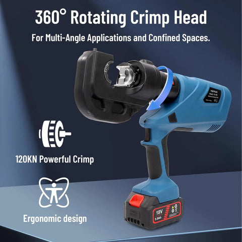 12 Ton Battery Powered Hydraulic Crimping Tool With 12 Dies For 6AWG To 800MCM Lugs Heavy Duty Electric Crimper Copper Motor Fast Prep And High Force Crimping, 360° rotating head