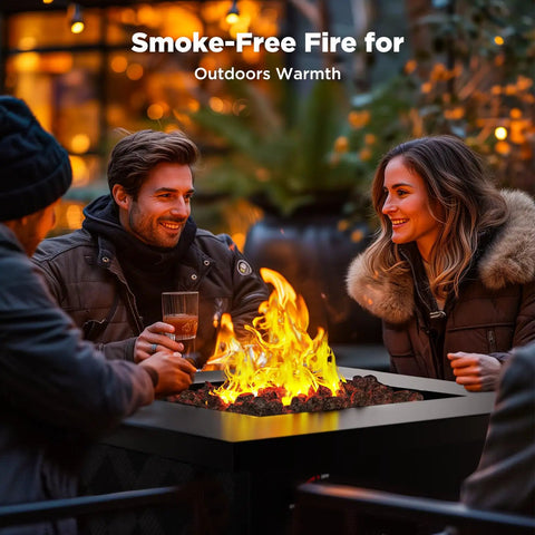 Couple enjoying 28 Inch Propane Fire Pit Table With 50000 BTU Heat Output CSA Certified Outdoor Gas Fire Pit with friends