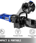 Close-up of VEVOR 900W Electric Rebar Bender Portable For Construction, featuring a portable handle and pressure relief valve.