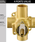 Pressure Balancing Shower and Tub Valve for Universal Shower Trim Kit Brass Construction with 4 ports visible, front view.