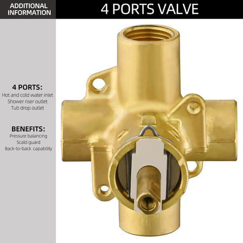 Pressure Balancing Shower and Tub Valve for Universal Shower Trim Kit Brass Construction with 4 ports visible, front view.