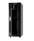 Front view of Beefy 32U 19 Inch Server Rack Cabinet With Locking Glass Door and cooling fans for servers and IT equipment.