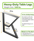 Diagram of K Shaped 2 Tier Metal Table Legs Heavy Duty Desk Leg Set In Black showing dimensions and features.