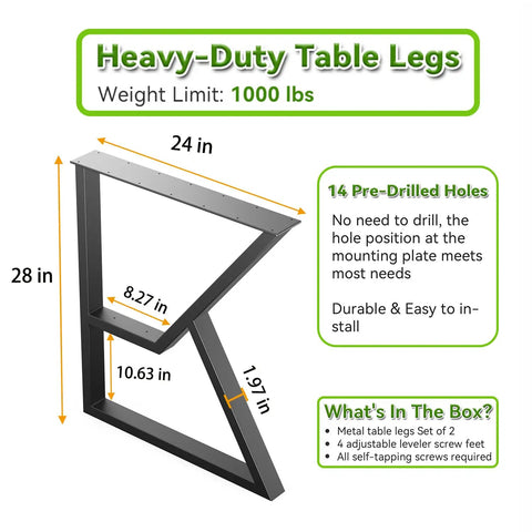 Diagram of K Shaped 2 Tier Metal Table Legs Heavy Duty Desk Leg Set In Black showing dimensions and features.
