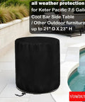 Beefed Up Weatherproof Patio Cooler Bar Table Cover For Keter Pacific 7.5 Gallon Cool Bar 21 Inch Diameter By 23 Inch High Waterproof Outdoor Cover With Tear Resistant And Double Stitched Oxford Fabric For All Weather Protection covering a patio cooler bar table near a pool.