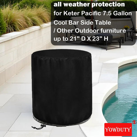 Beefed Up Weatherproof Patio Cooler Bar Table Cover For Keter Pacific 7.5 Gallon Cool Bar 21 Inch Diameter By 23 Inch High Waterproof Outdoor Cover With Tear Resistant And Double Stitched Oxford Fabric For All Weather Protection covering a patio cooler bar table near a pool.