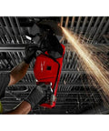 Hella Tough 18V Cordless Cut Off Saw Kit For Concrete And Masonry Includes Two 12.0 Ah Batteries Rapid Charger 9 Inch Diamond Blade Abrasive Disc Heavy Duty Power Tool Rig Pro Performance Setup in action cutting above.