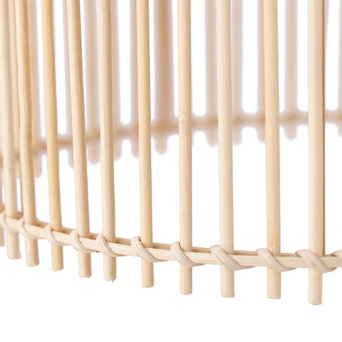 Close-up of bamboo shade detail from 58 Inch Matte Black Floor Lamp With Bamboo Shade That Peeks Through, Easy On Off Rotary Socket Switch.