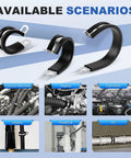 Side view ELECFUN 20-pack stainless steel cable clamps with rubber cushions; black U-shaped clamps with mounting tabs.